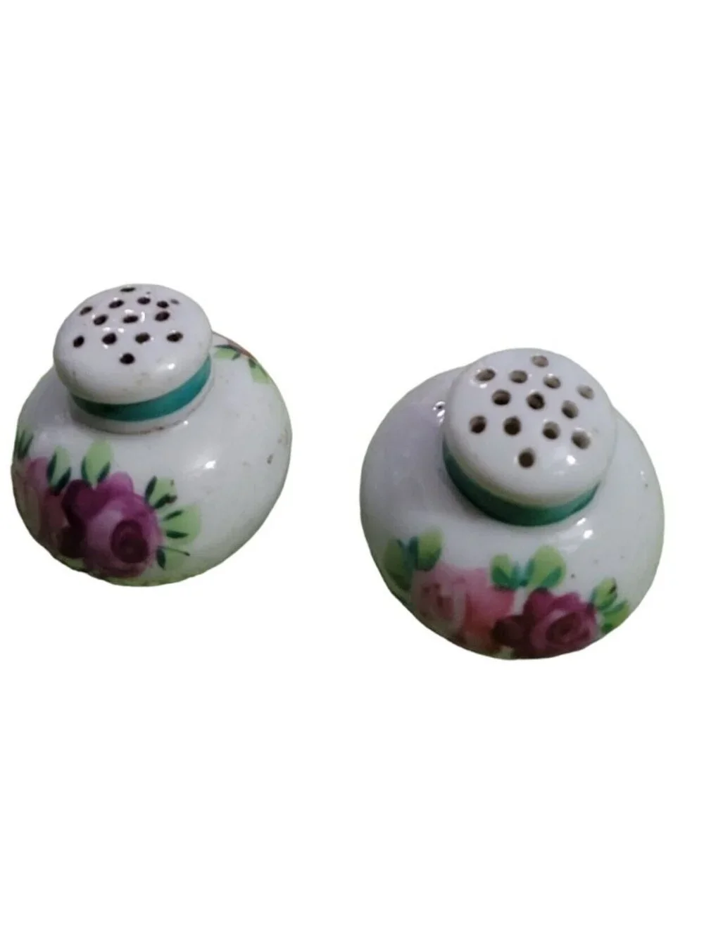 Porcelain Salt Pepper Shakers White Red Pink Roses Green Neck Banding Corks Vtg